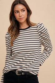 Annie Wear Striped Round Neck Puff Sleeve French Terry Top | Tops Daverri Fashions