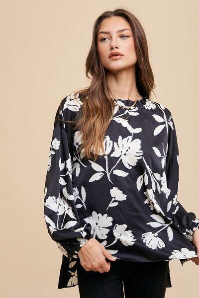 Black Annie Wear Frill Printed Balloon Sleeve Blouse | Blouses Daverri Fashions