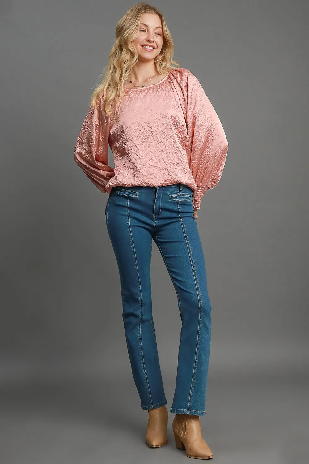 Umgee Wrinkled Round Neck Lantern Sleeve Blouse | Daverri Fashions