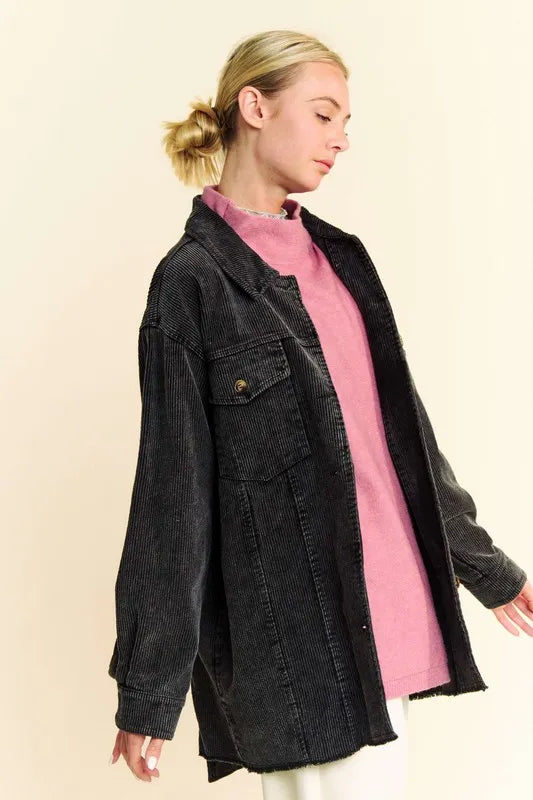 Davi & Dani Washed Corduroy Raw Hem Button Up Jacket | Daverri Fashions