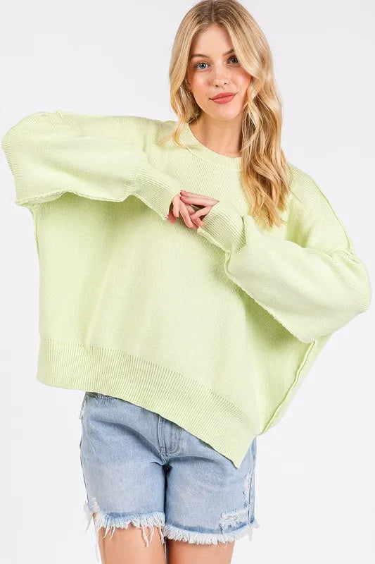 Mittoshop Side Slit Round Neck Drop Shoulder Sweater | Sweaters Daverri Fashions