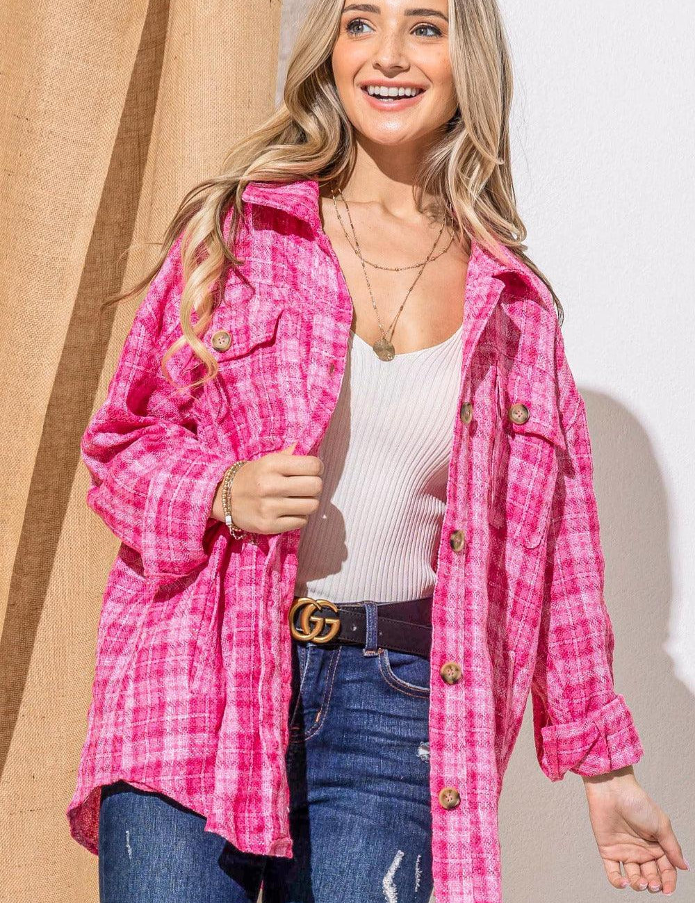 Fuchsia And The Why Full Size Tweed Button Down Long Sleeve Shacket | Shackets Daverri Fashions