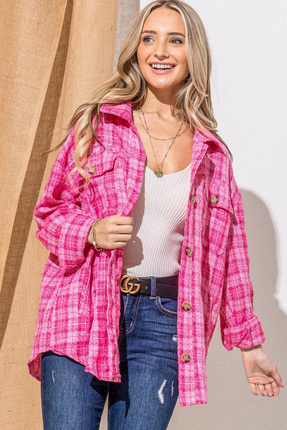 Fuchsia And The Why Full Size Tweed Button Down Long Sleeve Shacket | Shackets Daverri Fashions