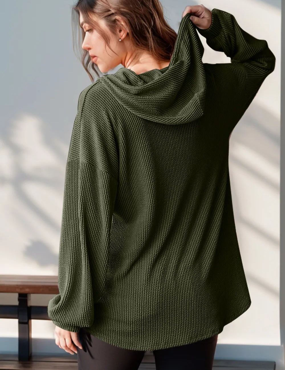 Double Take Full Size Half Button Long Sleeve Hoodie | Hoodies Daverri Fashions