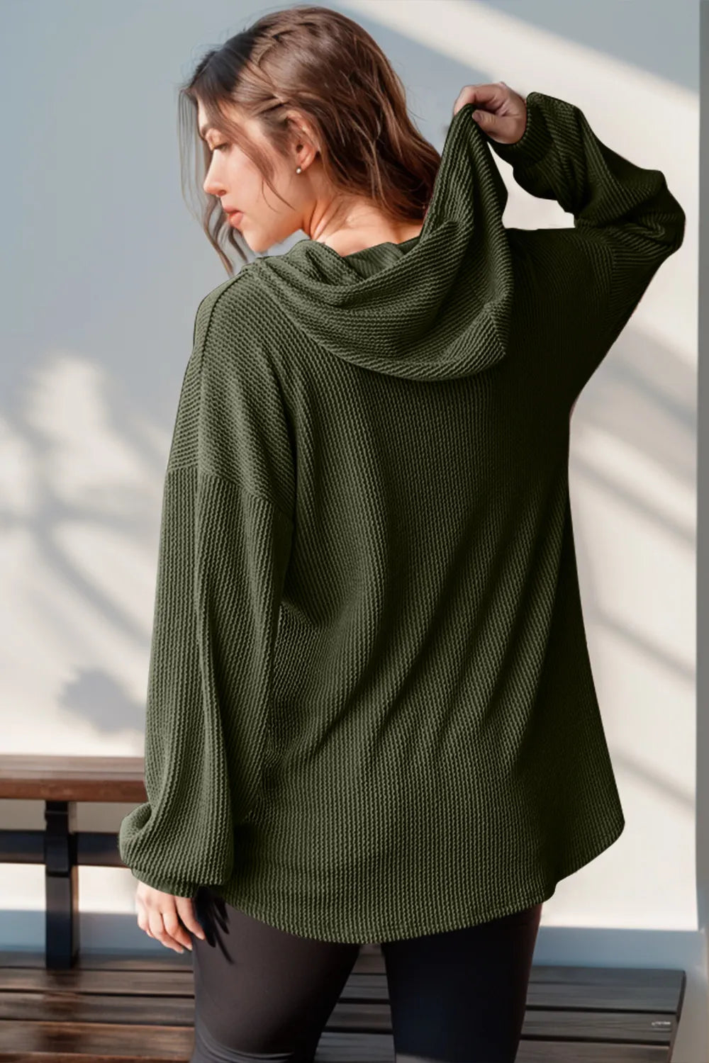 Double Take Full Size Half Button Long Sleeve Hoodie | Hoodies Daverri Fashions