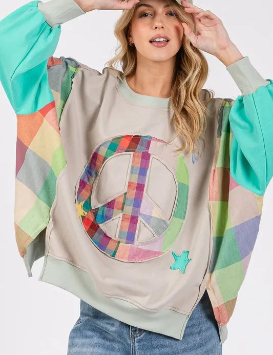 SPEARMINT MULTI SAGE + FIG Contrast Peace Patch Dropped Shoulder Sweatshirt | Sweatshirts Daverri Fashions