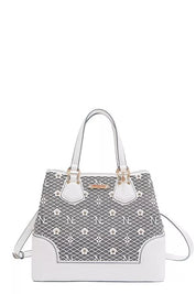 WHITE OS Monogram Pattern Handbag with Rhinestones Decor | Handbags Daverri Fashions