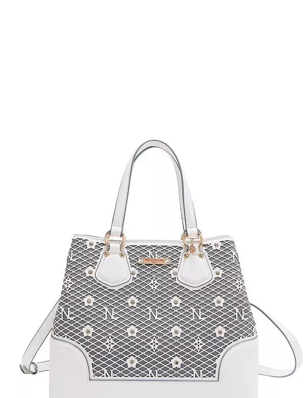 WHITE OS Monogram Pattern Handbag with Rhinestones Decor | Handbags Daverri Fashions