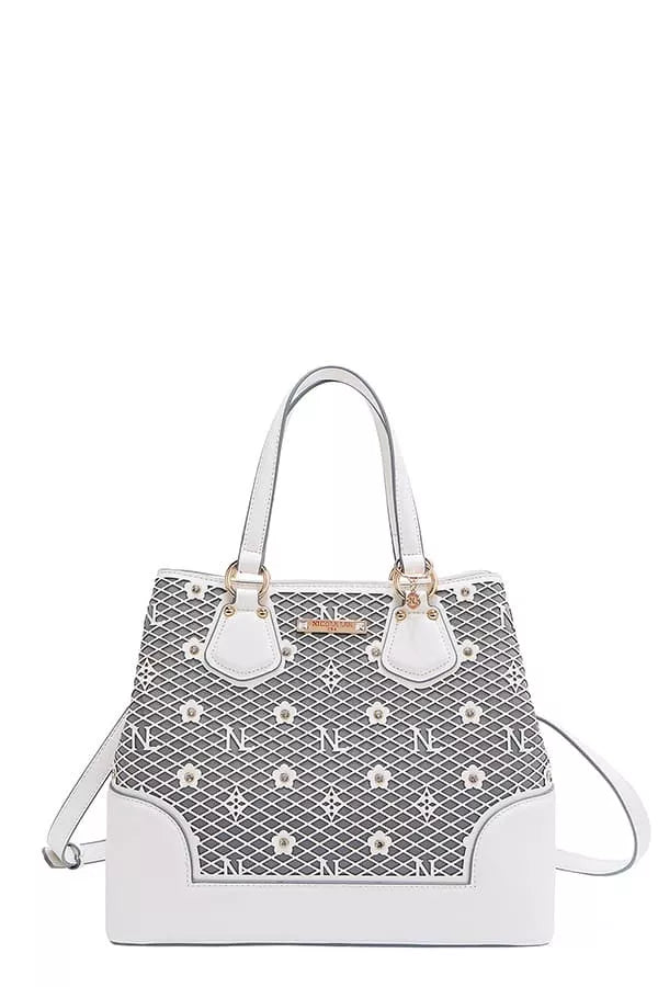 WHITE OS Monogram Pattern Handbag with Rhinestones Decor | Handbags Daverri Fashions