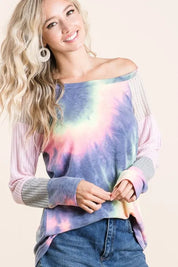 BiBi Tie Dye Terry Top With Color Block Pointelle Knit | Tops Daverri Fashions