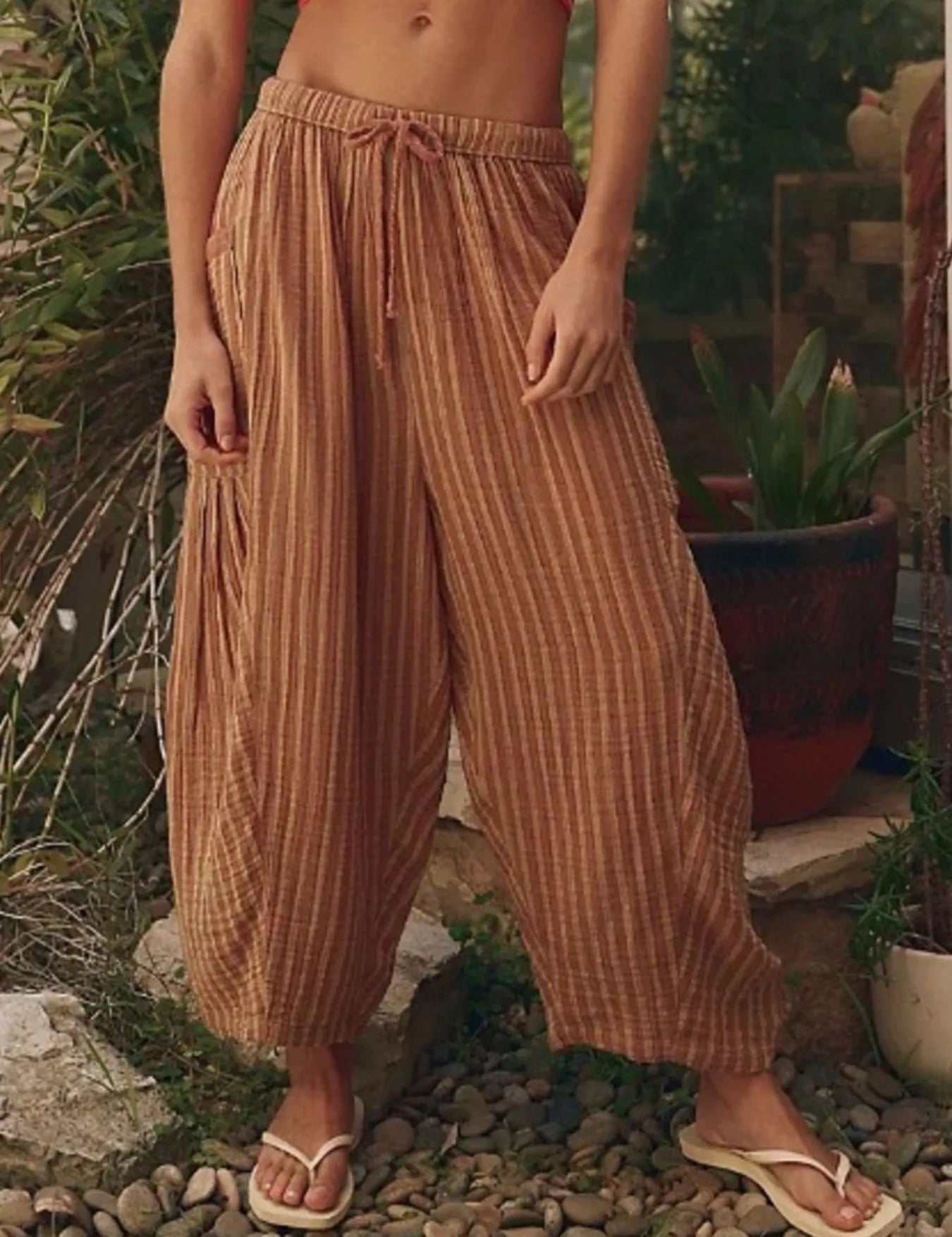Caramel Full Size Striped Wide Leg Casual Pants Plus Size | Pants Daverri Fashions