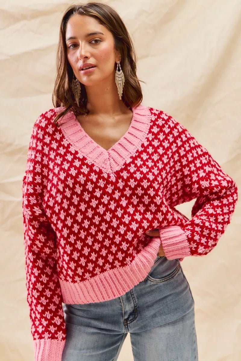 SO ME Color Block Textured Christmas Sweater V Neck Top | Sweaters Daverri Fashions