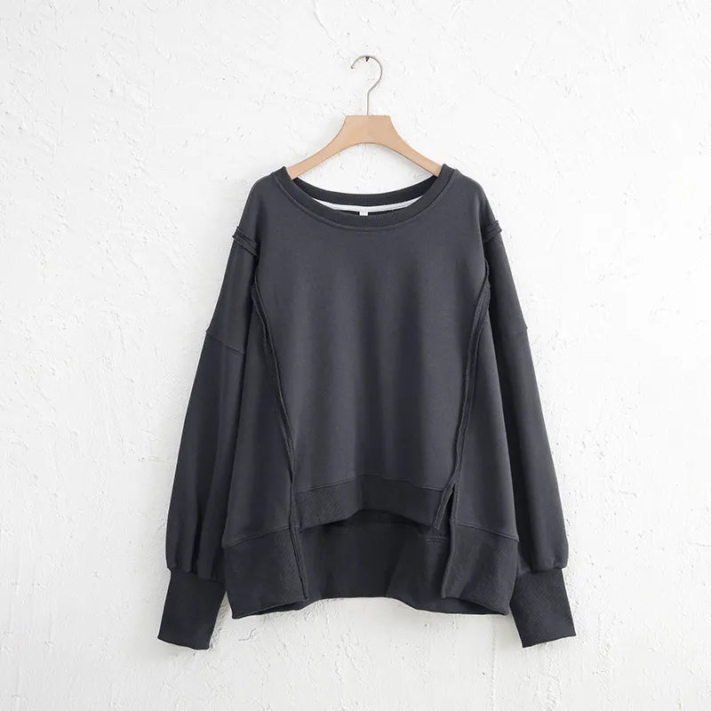 Exposed Seam High-Low Long Sleeve Sweatshirt | Daverri Fashions