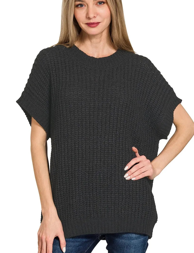 BLACK Zenana Short Sleeve Round Neck Sweater | Sweaters Daverri Fashions