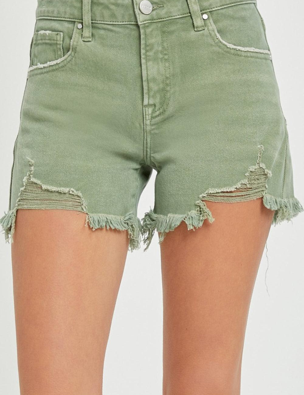 Olive RISEN Mid Waist Frayed Hem Denim Shorts | Daverri Fashions