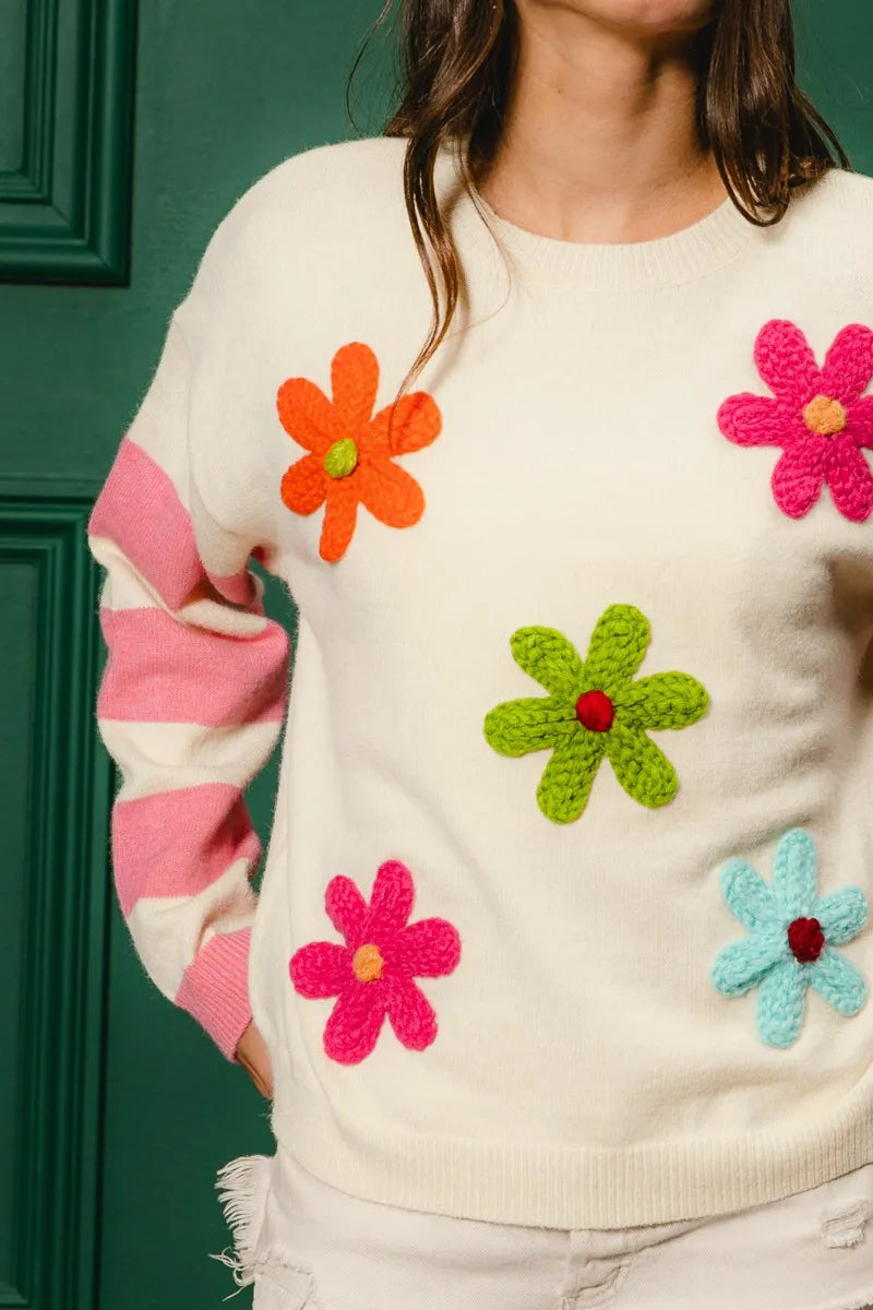 BiBi Colorful Floral Patched Sweater with Striped Sleeve | Sweaters Daverri Fashions