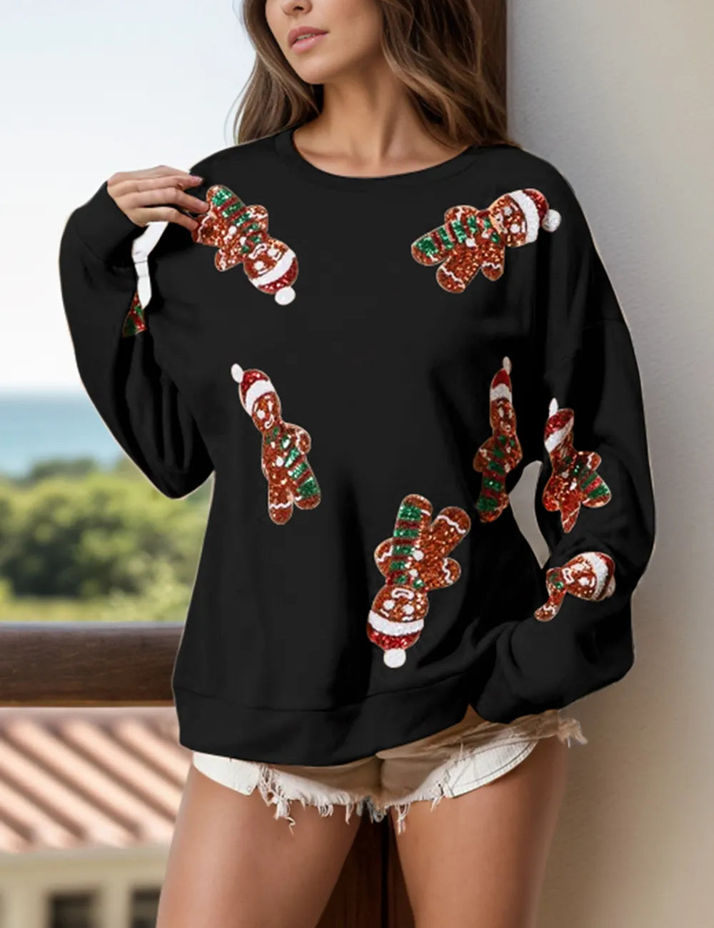 Black Sequin Gingerbread Man Long Sleeve Sweatshirt | Sweatshirts Daverri Fashions