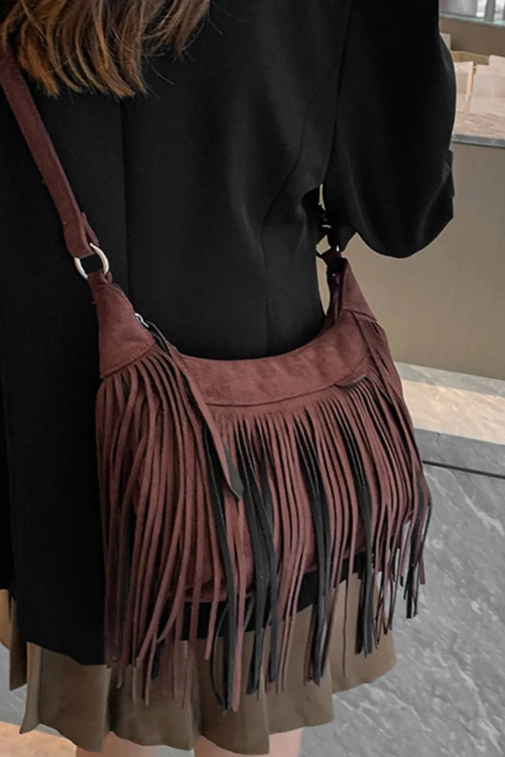 Suede Fringe Adjustable Strap Shoulder Bag | Handbags Daverri Fashions