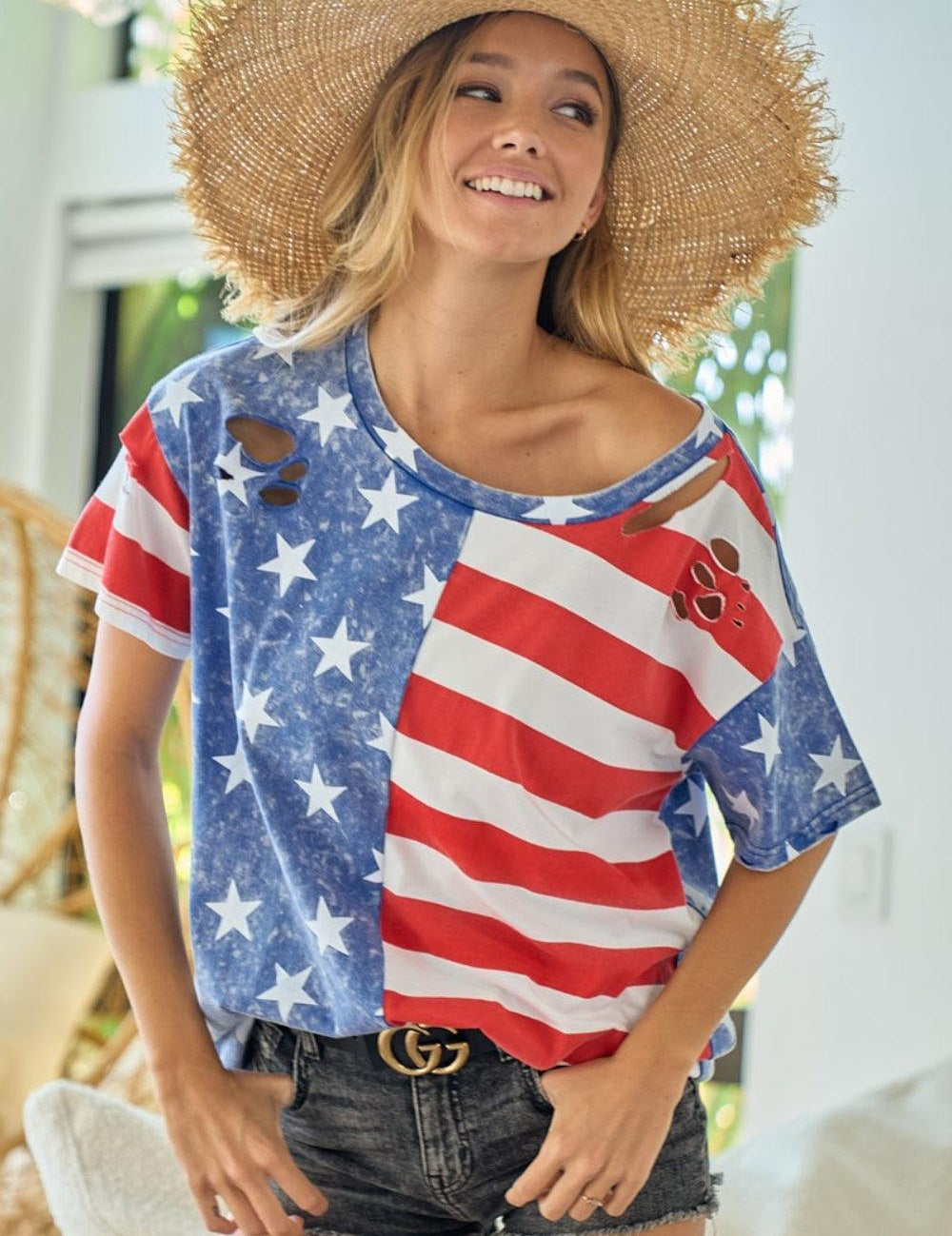 Navy Red BiBi American Flag Theme Short Sleeve T-Shirt | T-Shirts Daverri Fashions