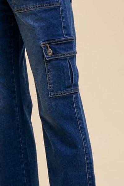 Annie Wear Dark Wash Straight Leg Jeans with Cargo Pockets | Jeans Daverri Fashions