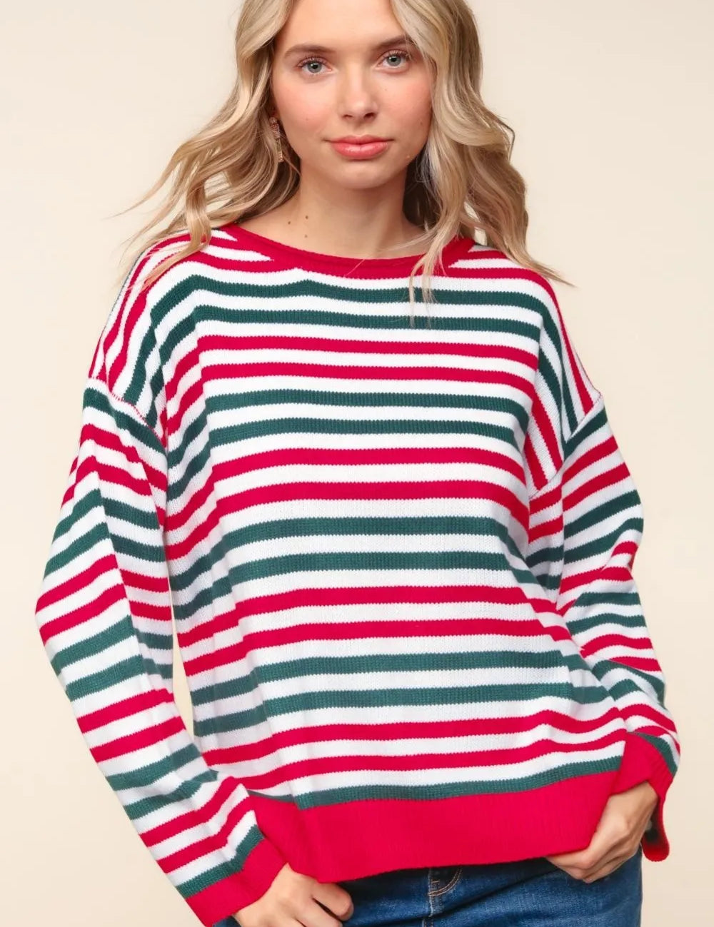 Red Hunter Green Haptics Full Size Striped Contrast Side Slit Knit Top | Knit Tops Daverri Fashions