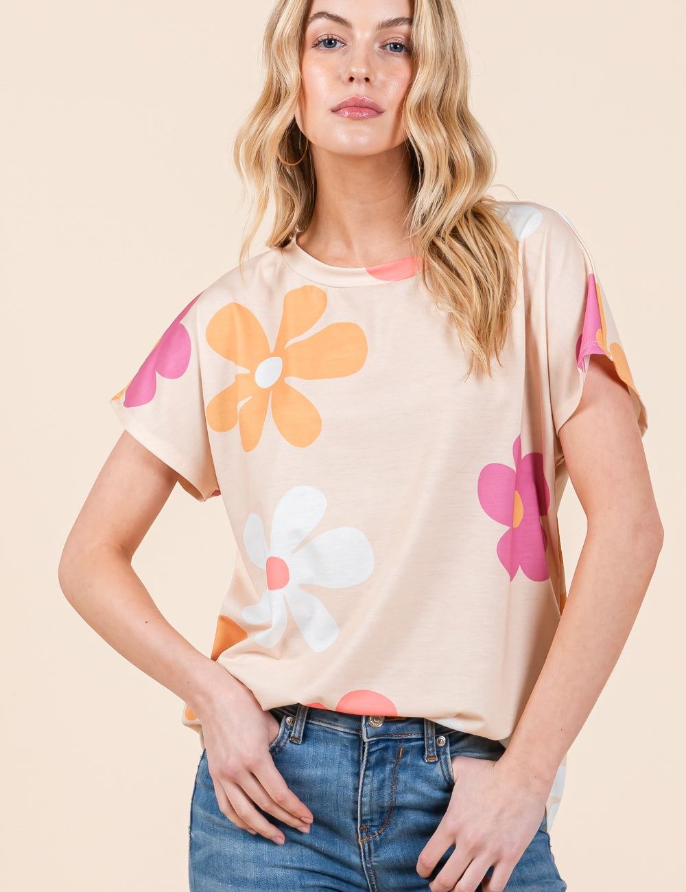 Beige BOMBOM Floral Short Sleeve T-Shirt | Daverri Fashions