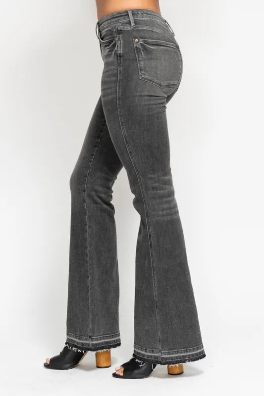 Judy Blue Full Size Mid Rise Tummy Control Washed Gray Release Hem Flare Jeans Plus Size | Daverri Fashions