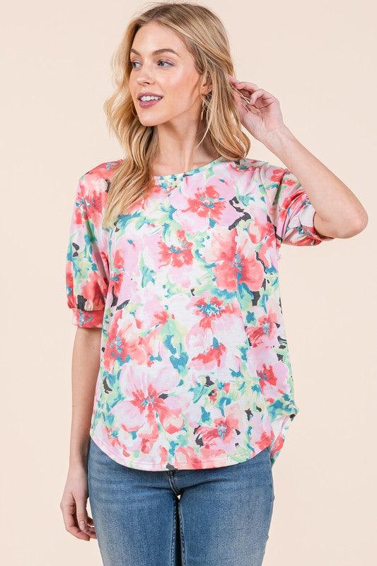 BOMBOM Floral Round Neck Puff Sleeve Top | Tops Daverri Fashions
