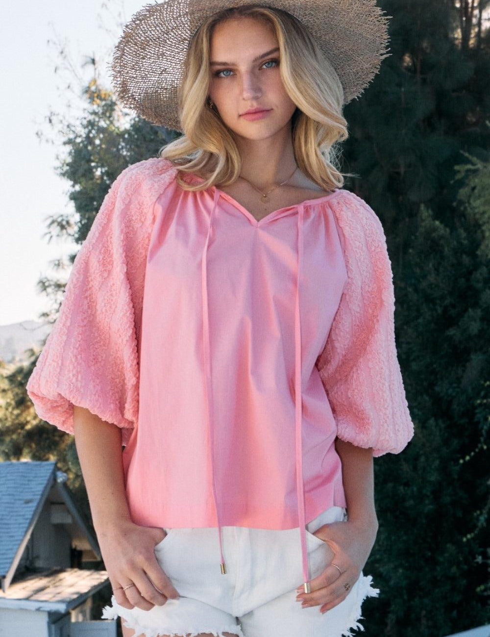 Pink ODDI Full Size Poplin Bubble Sleeve Blouse | Blouses Daverri Fashions