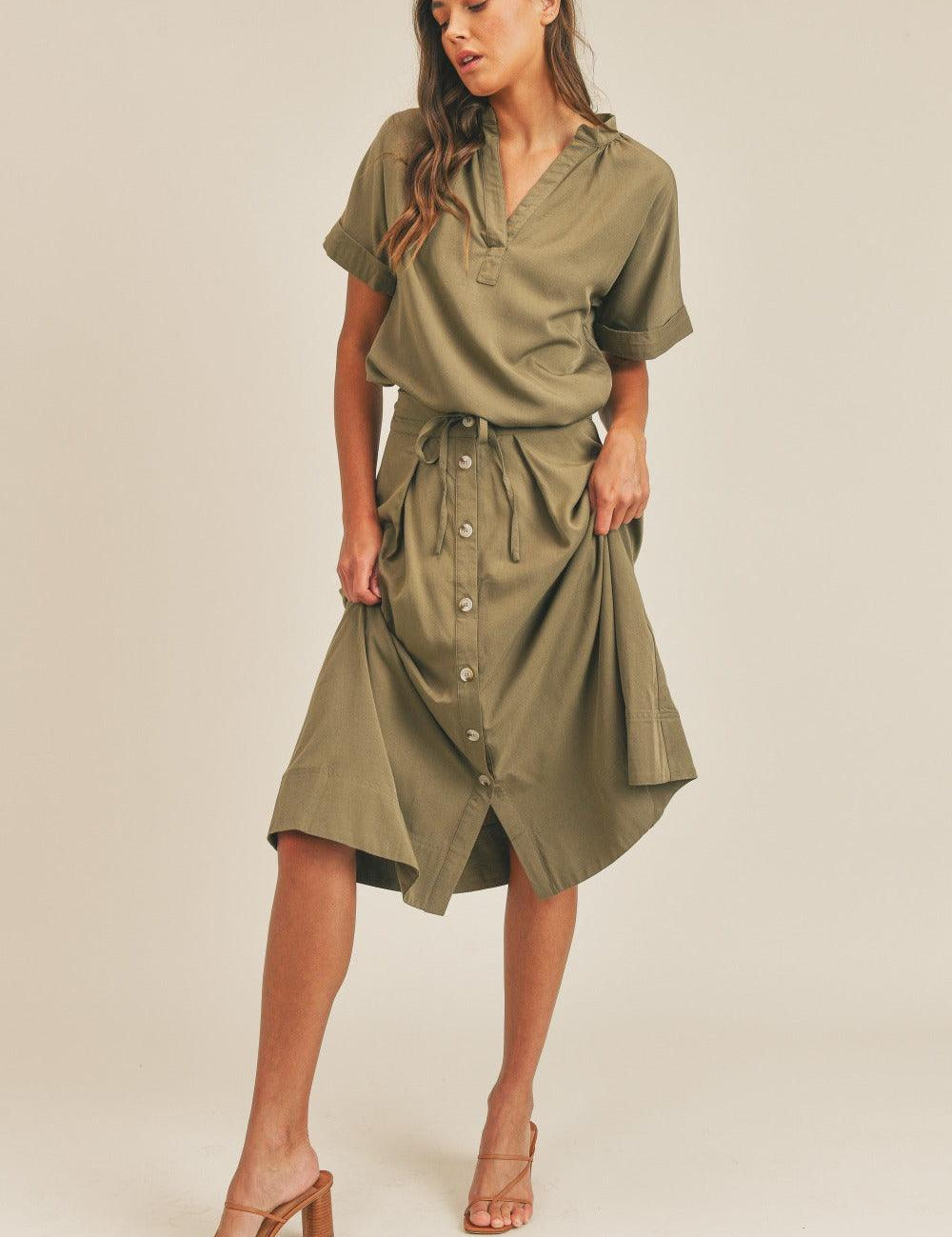Olive M MABLE Short Sleeve Top and Button Down Midi Skirt Set | Outfit Sets Daverri Fashions