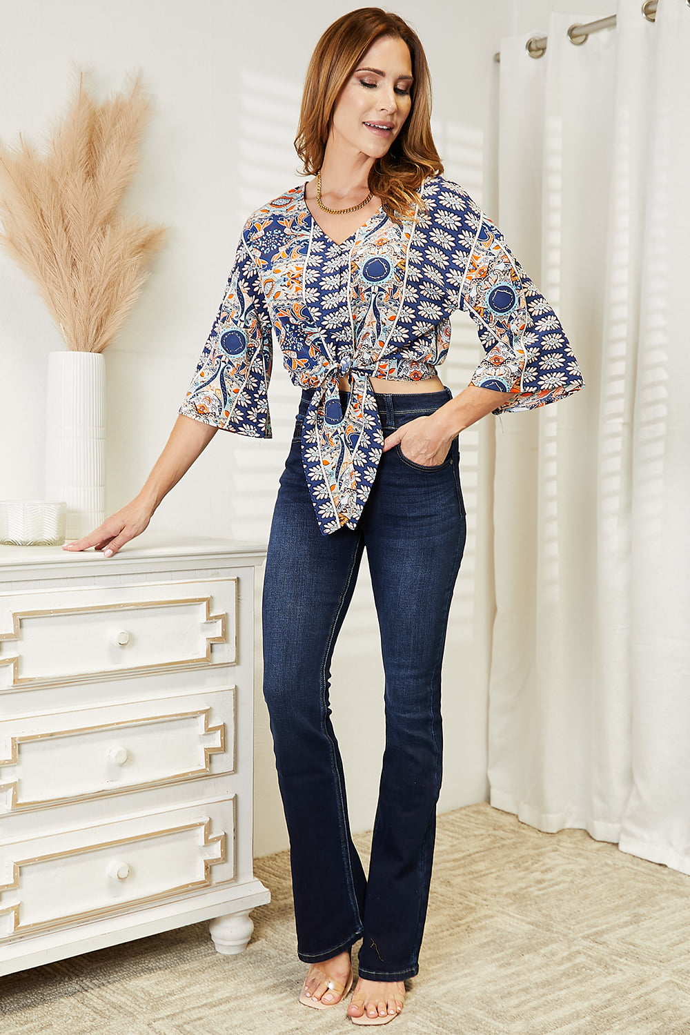 Tie Hem V-Neck Three-Quarter Sleeve Blouse | Daverri Fashions