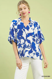 OCEAN MIX Umgee Floral Print Puff Sleeve Blouse with Scallop Hem | Blouses Daverri Fashions