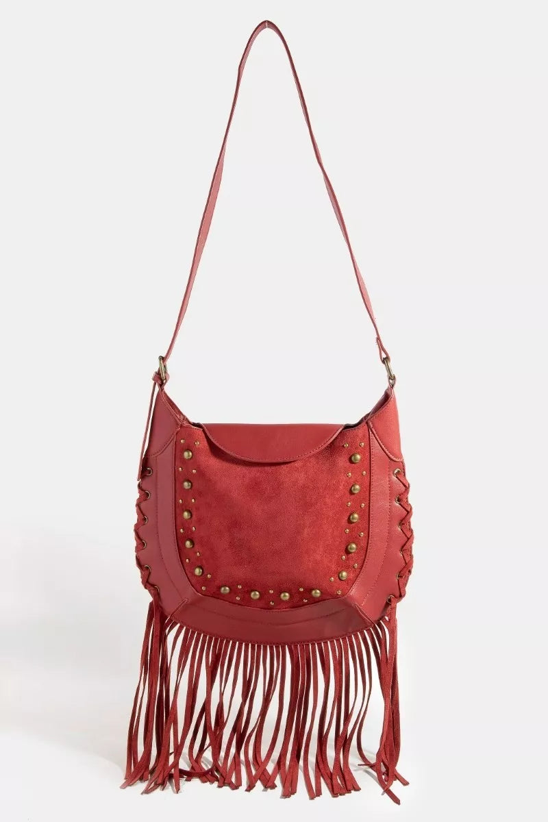 RD one size Fame Rivet Trim Suede Fringe Shoulder Bag | Handbags Daverri Fashions