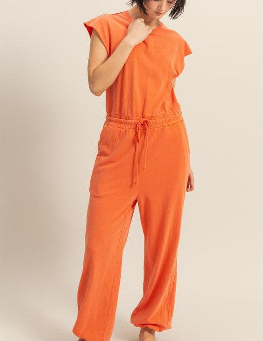 Orange HYFVE Back Keyhole Round Neck Cap Sleeve Drawstring Jumpsuit | Daverri Fashions
