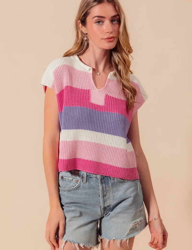 BLUSH PINK LILAC SO ME Multi Color Stripe Loose Fit Cap Sleeve Sweater Top | Sweaters Daverri Fashions