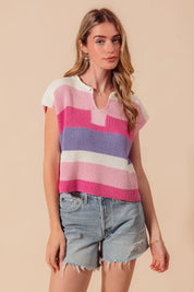 BLUSH PINK LILAC SO ME Multi Color Stripe Loose Fit Cap Sleeve Sweater Top | Sweaters Daverri Fashions