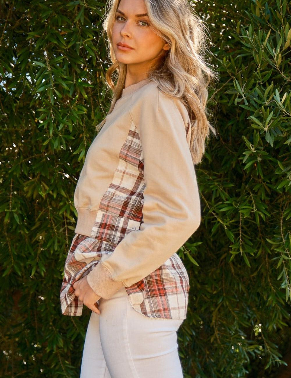 And The Why Full Size Double Layered Plaid Contrast Sweatshirt | Sweatshirts Daverri Fashions