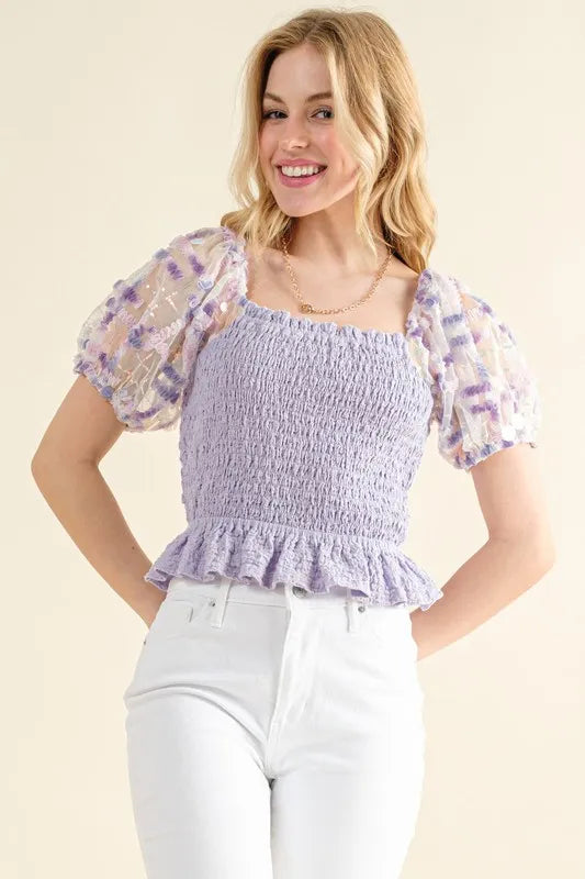 And The Why Embellishment Sleeve Smocked Top | Tops Daverri Fashions
