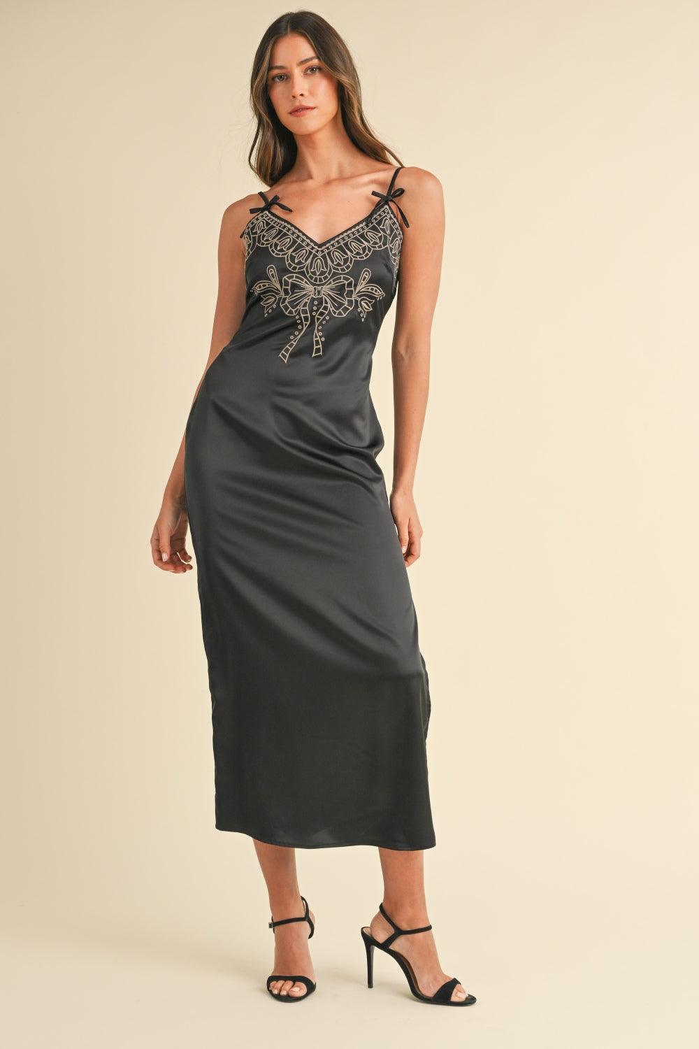 Black Mable Embroidered Cami Satin Midi Slit Dress | Daverri Fashions