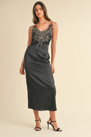 Black Mable Embroidered Cami Satin Midi Slit Dress | Daverri Fashions