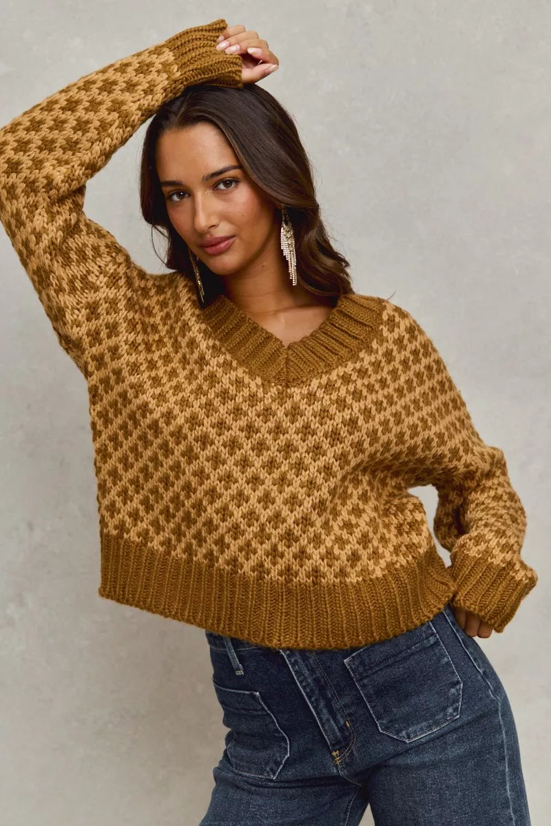 SO ME Color Block Textured Christmas Sweater V Neck Top | Sweaters Daverri Fashions