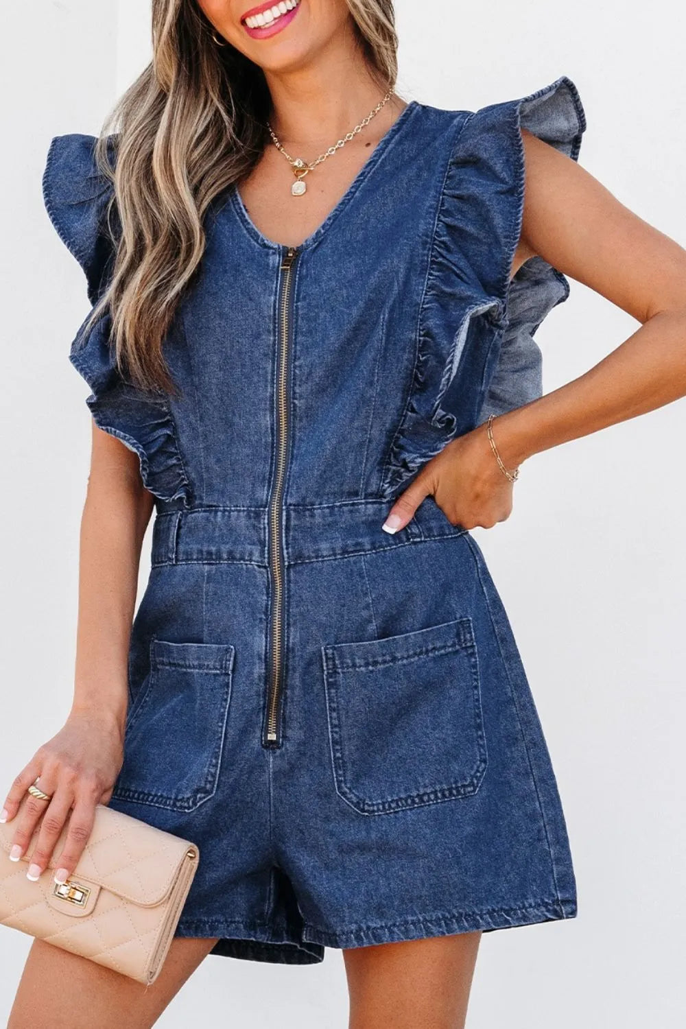 Denim Ruffled Zipped Front Belted Romper | Rompers Daverri Fashions