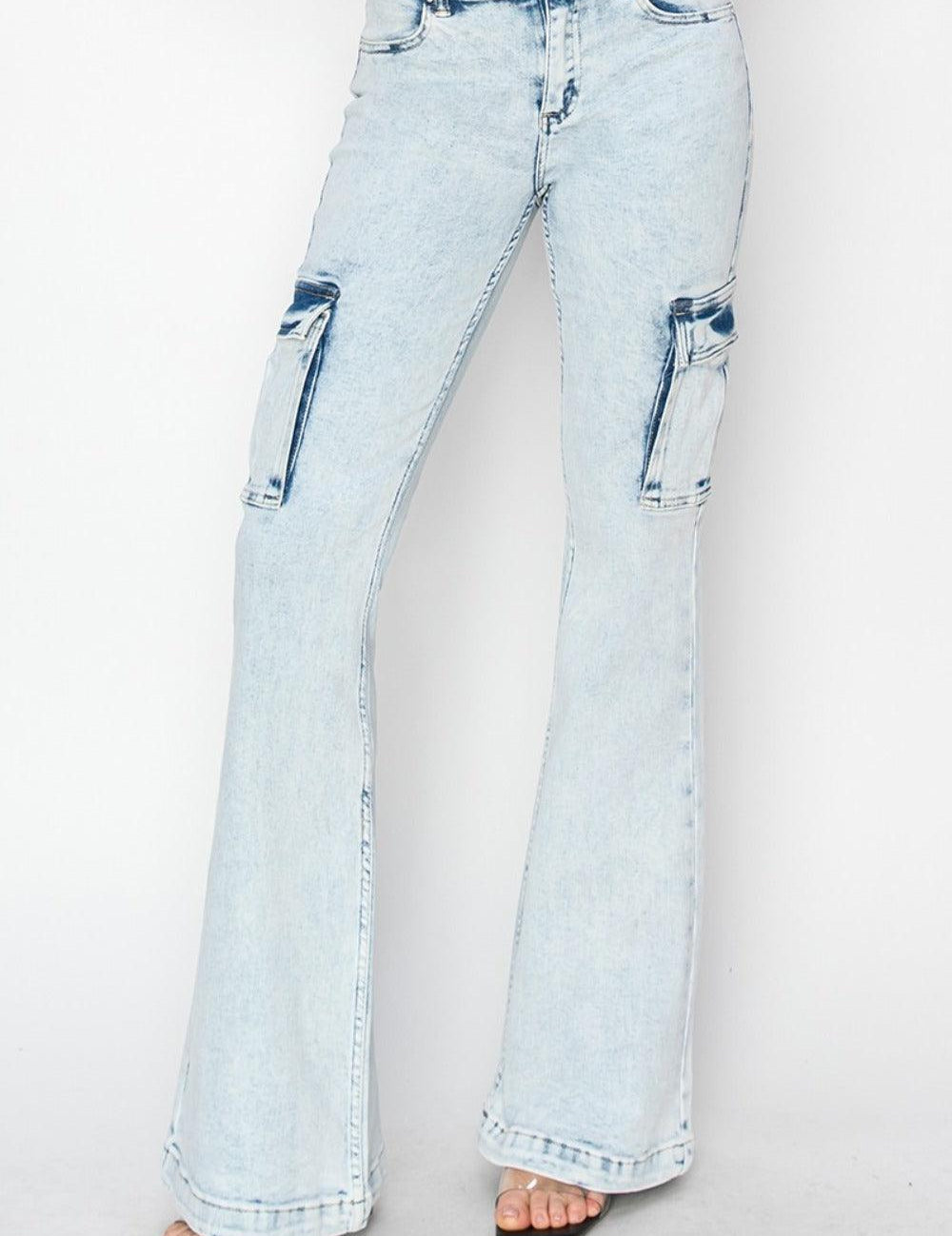 Acid Light RISEN Full Size High Rise Cargo Flare Jeans | Cargo Jeans Daverri Fashions