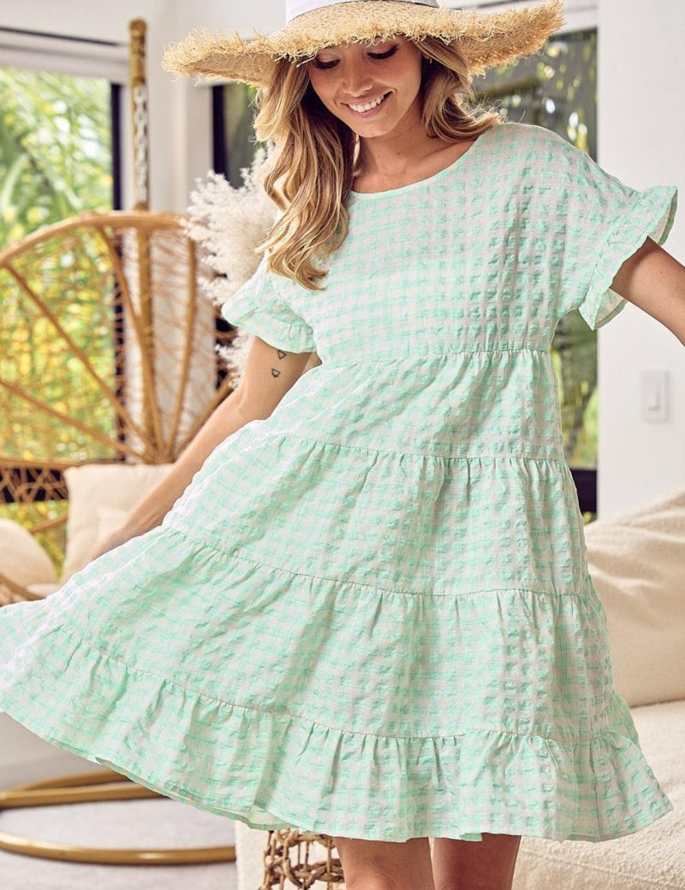 BiBi Ruffled Hem Short Sleeve Tiered Dress | Mini Dresses Daverri Fashions