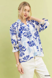 Umgee Leafy Damask Print Blouse with Contrast Scalloped Trim Detail | Blouses Daverri Fashions