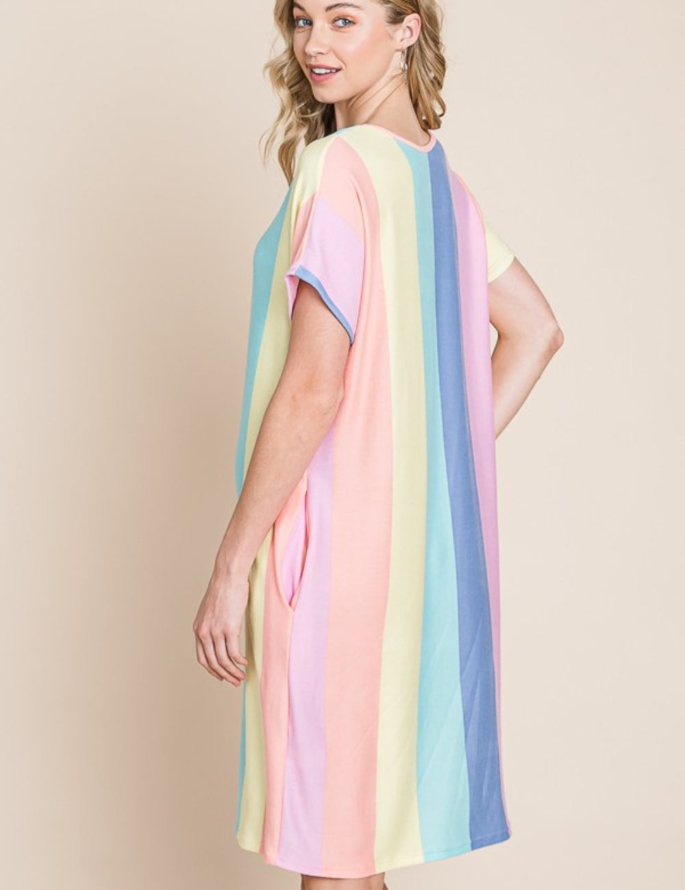 BOMBOM Striped Short Sleeve Dress with Pockets | Daverri Fashions