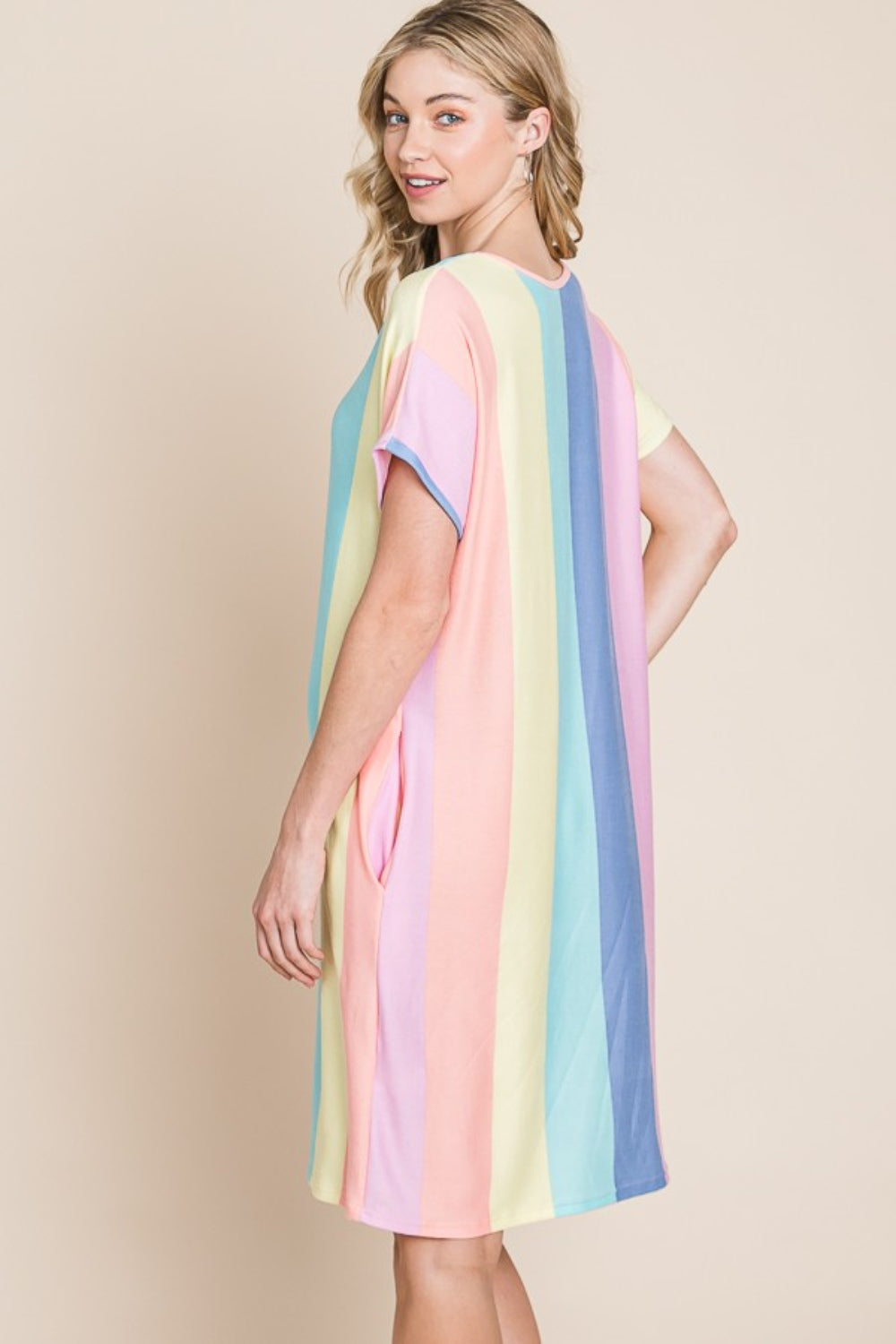 BOMBOM Striped Short Sleeve Dress with Pockets | Daverri Fashions