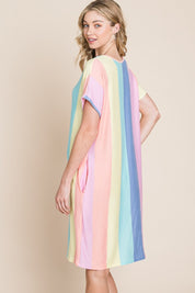 BOMBOM Striped Short Sleeve Dress with Pockets | Daverri Fashions