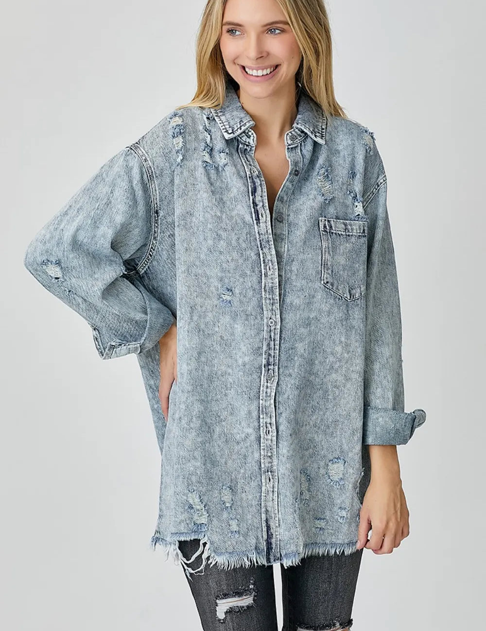 Acid Light RISEN Distressed Raw Hem Denim Shirt | Shirts Daverri Fashions