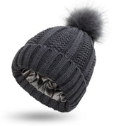 Dark Grey One size Stretchy Satin-Lined Skull Knit Pom Pom Hat | Hats Daverri Fashions